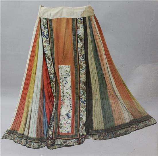 Three Chinese silk damask womens skirts, late 19th century, length 82 to 97cm, removable perspex cases (3)